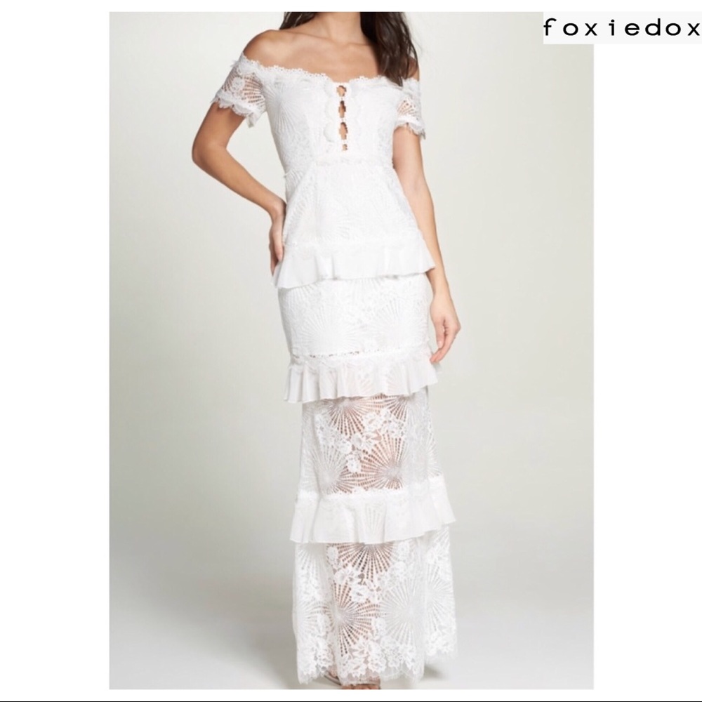 FOXIEDOX OFF THE SHOULDER RUFFLE TIER MAXI GOWN - Picture 1 of 7
